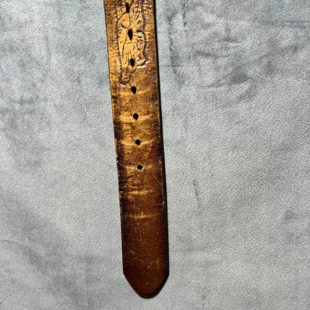 Vintage ADM Longhorn Brass Buckle Tooled Leather Belt 38 USA Eagle